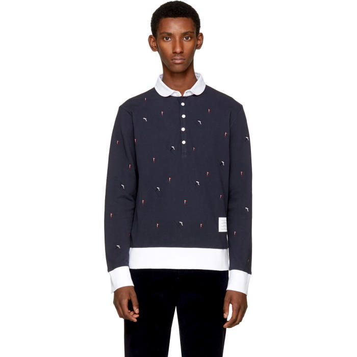 Photo: Thom Browne Navy Long Sleeve Skier and Flag Collection Polo
