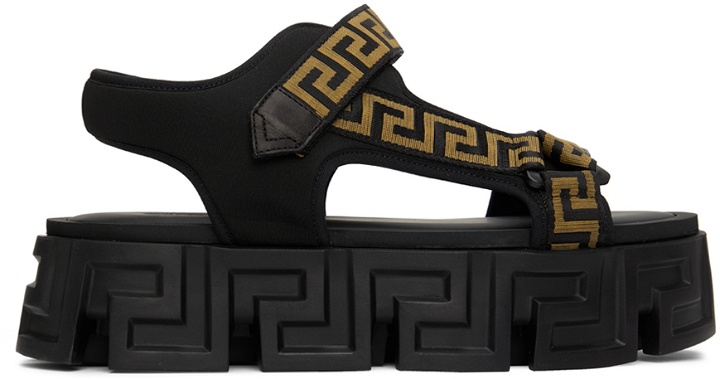 Photo: Versace Black & Gold La Greca Platform Sandals