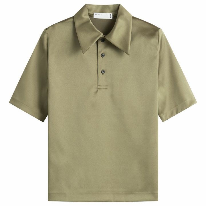 Photo: TOGA ARCHIVES Women's TOGA Satin Stretch Polo Shirt in Khaki