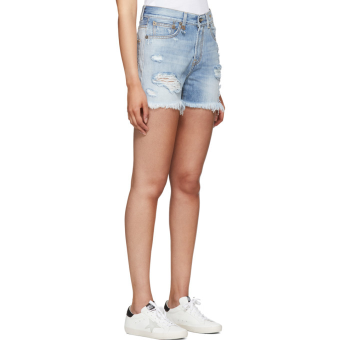 R13 Blue Shredded Slouch Denim Shorts R13