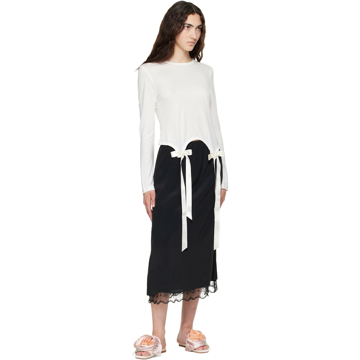 Simone Rocha White Bow Tail Easy Long Sleeve T-shirt