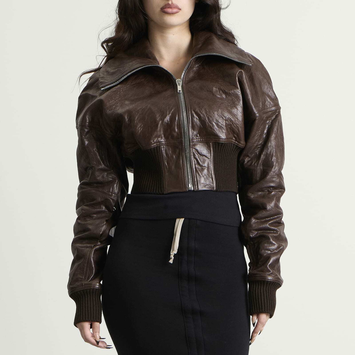 Rick Owens Women's Cropped Leather Bomber Jacket in Grease