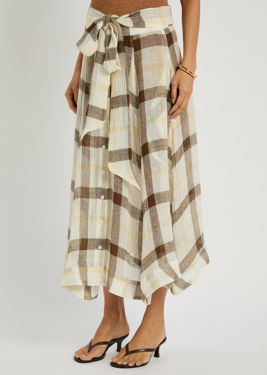 Lisa Marie Fernandez Checked Belted Linen-blend Midi Skirt Multicoloured
