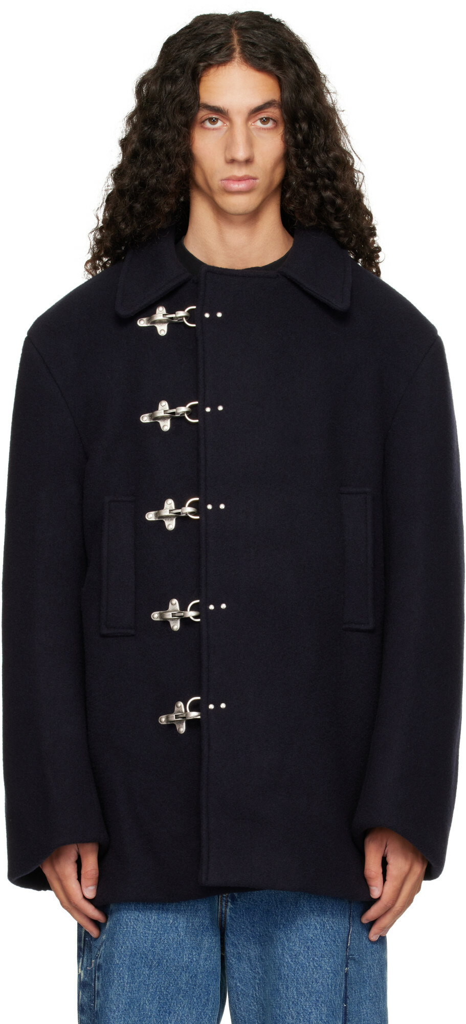 VETEMENTS Navy Fireman Hooks Caban Jacket