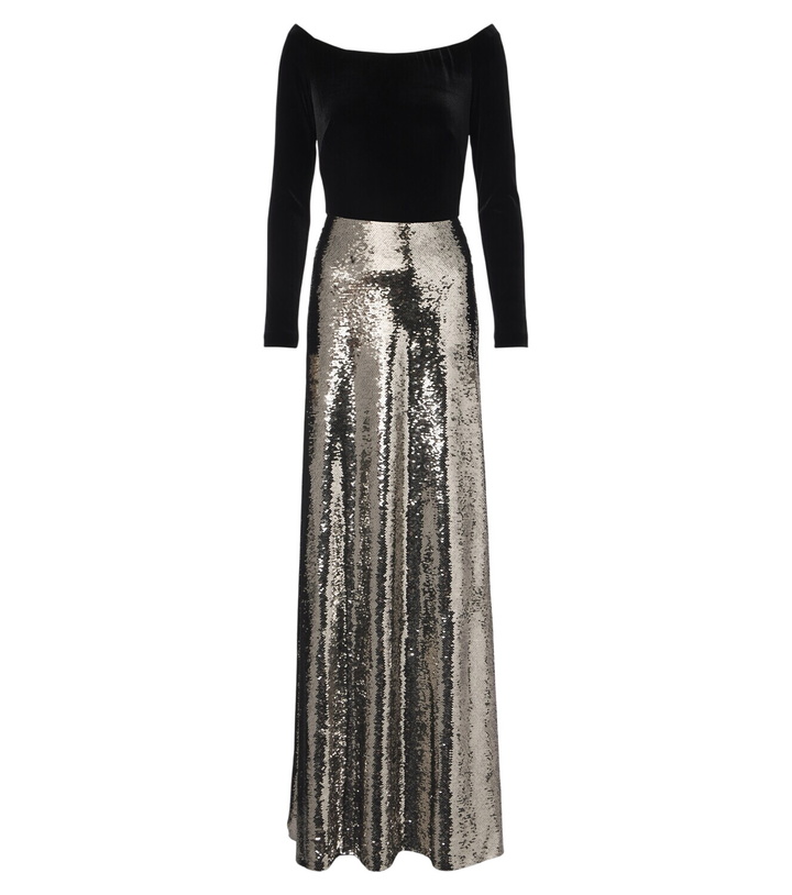 Photo: Monique Lhuillier Sequined velvet-paneled off-shoulder gown