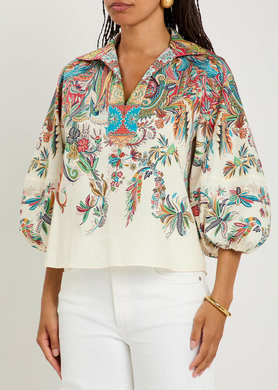 Etro Printed Balloon-sleeve Cotton-poplin top Multicoloured
