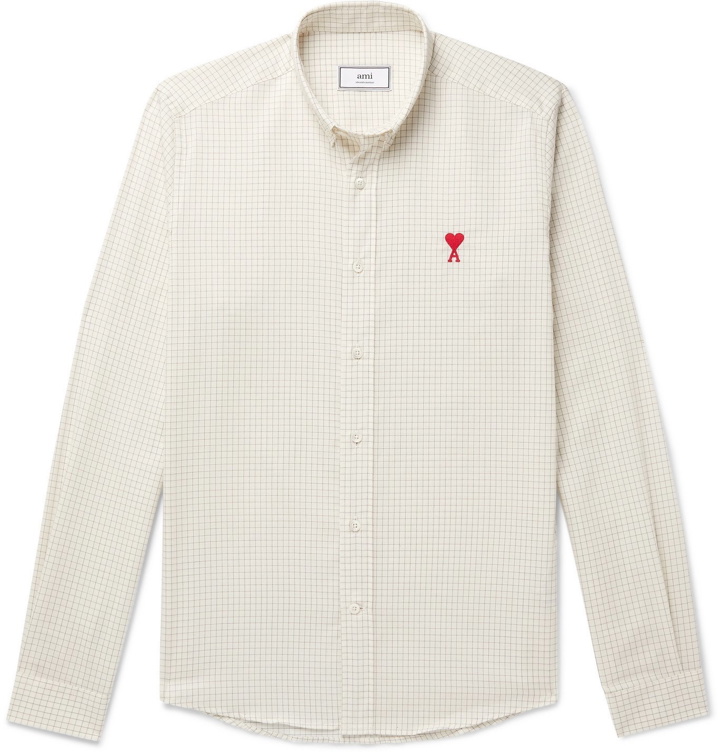 Photo: AMI PARIS - Button-Down Collar Slim-Fit Logo-Embroidered Checked Cotton and Wool-Blend Shirt - White