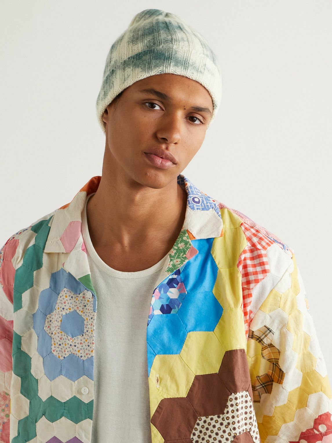 The Elder Statesman Pink Blue Tie Dye 100% Cashmere Ribbed Beanie Hat Made USA The Elder Statesman - Tie-Dyed Ribbed Cashmere Beanie The  main image 4