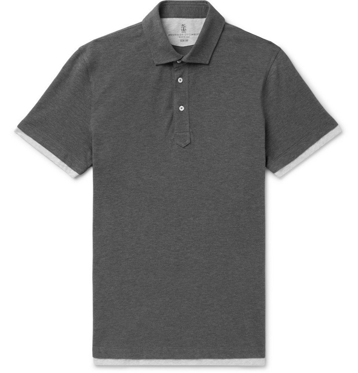 Photo: Brunello Cucinelli - Slim-Fit Jersey-Trimmed Cotton-Piqué Polo Shirt - Men - Gray