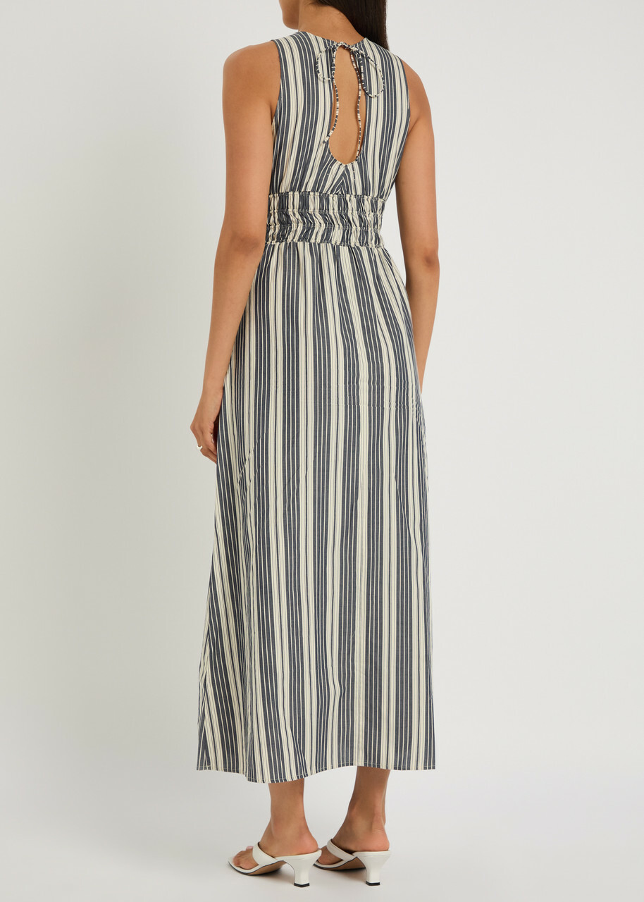 Faithfull The Brand Callista Striped Cotton Midi Dress Navy