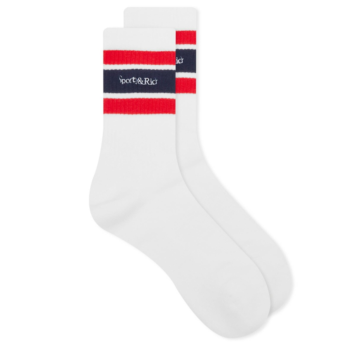 Sporty & Rich Men's Serif Logo Embroidered Socks in White/Navy/Bright Red 
