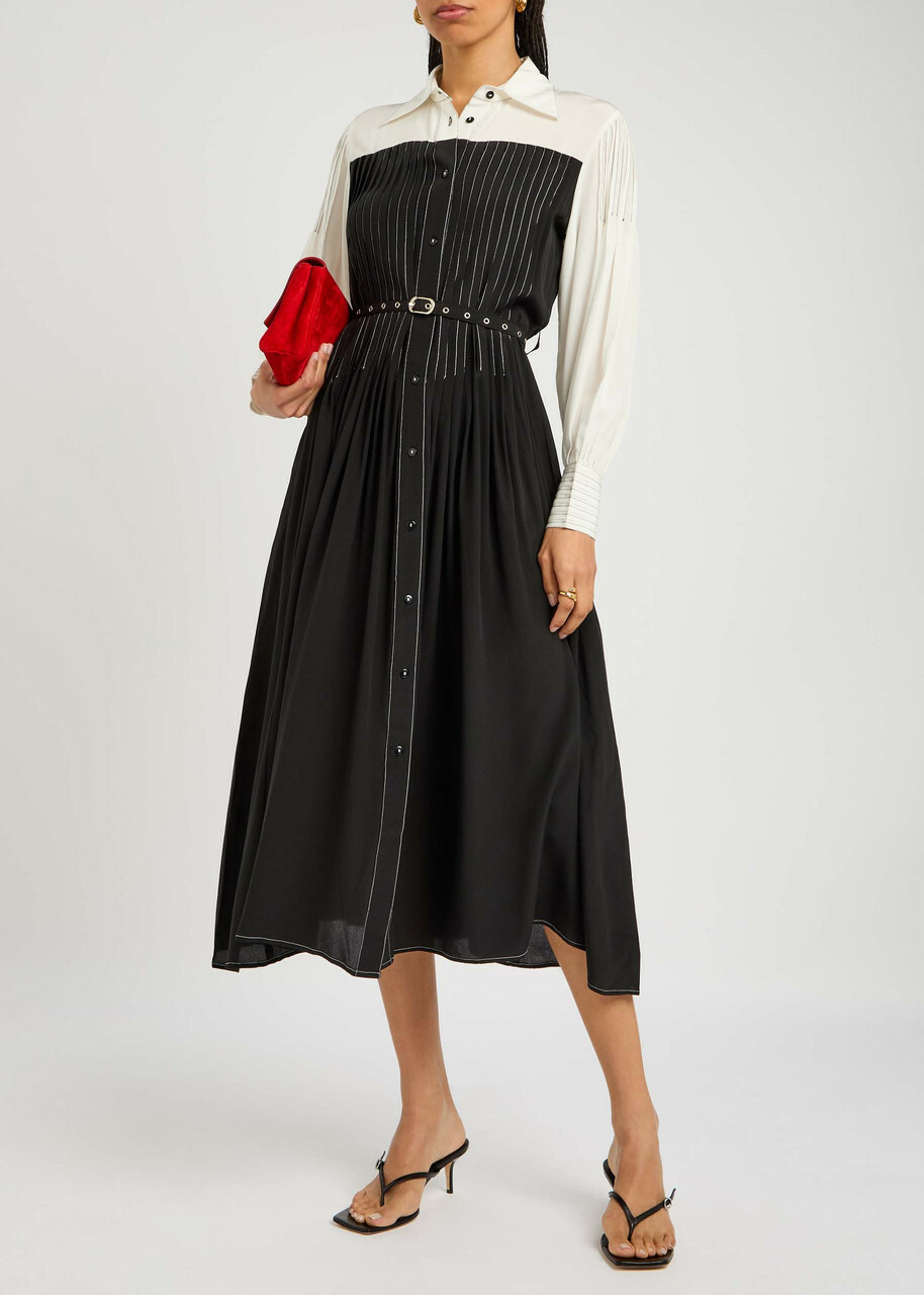 Lovebirds Zen Pleated Silk Midi Dress Black And White