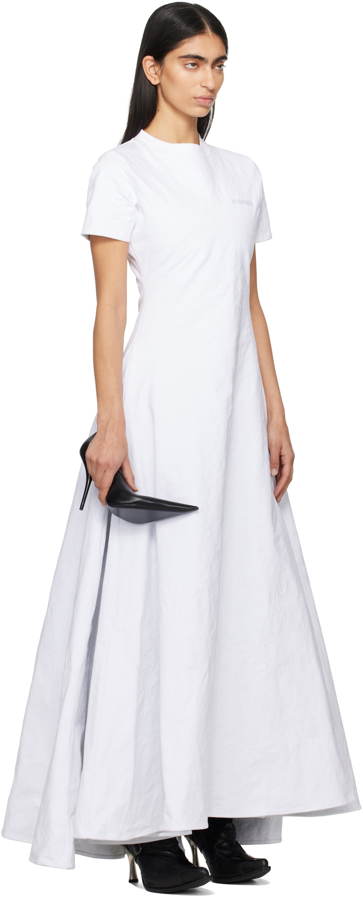 VETEMENTS White Metalized Wrinkled Logo Embroidered T-Shirt Maxi Dress
