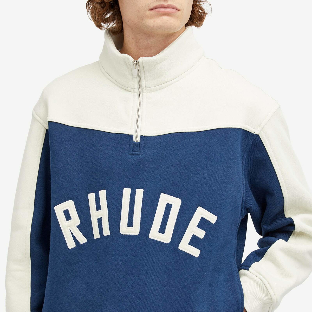 Rhude Men's Cotrast Quarter Zip Logo Jacket in Navy/Cream