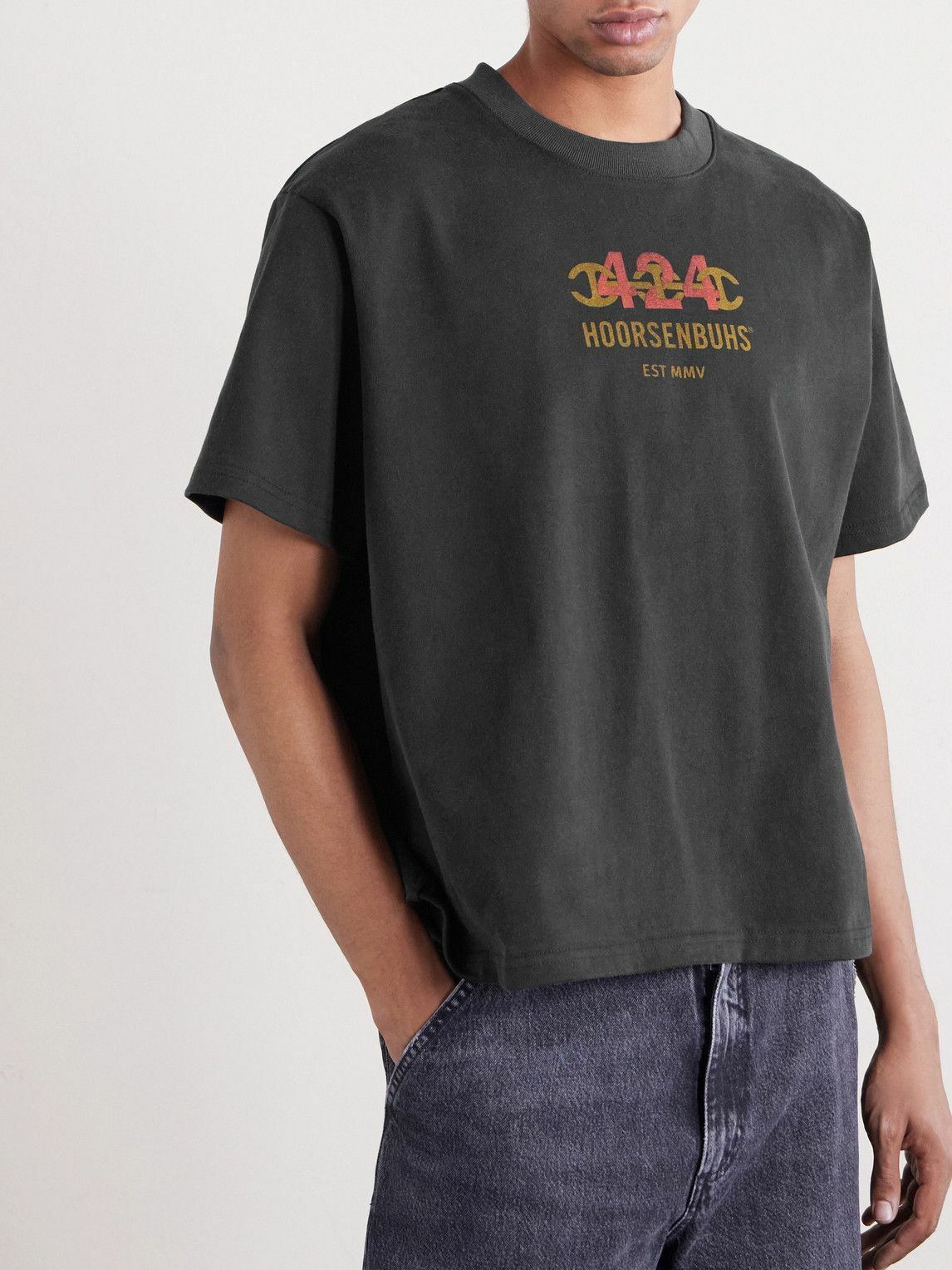 424 - HOORSENBUHS Logo-Print Distressed Cotton-Jersey T-Shirt - Black
