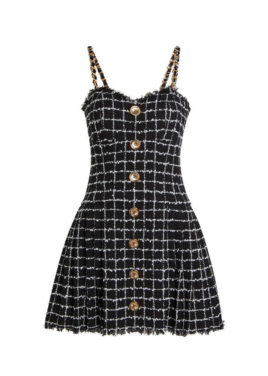 Balmain Checked Tweed Mini Dress Black And White