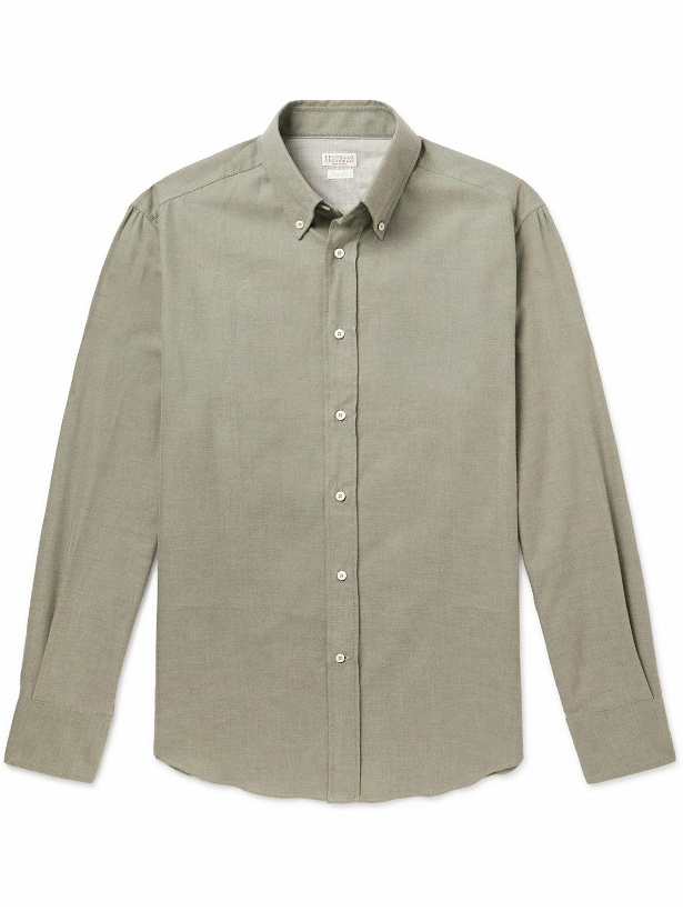 Photo: Brunello Cucinelli - Button-Down Collar Cotton-Flannel Shirt - Green