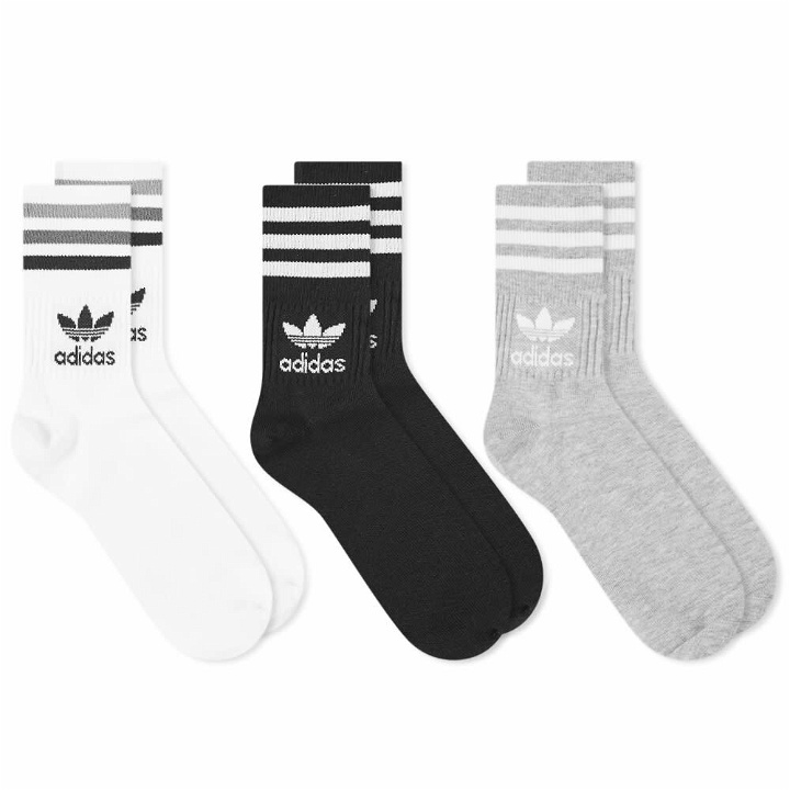 Photo: Adidas Mid Cut Crew Sock - 3 Pack in White/Medium Heather/Black