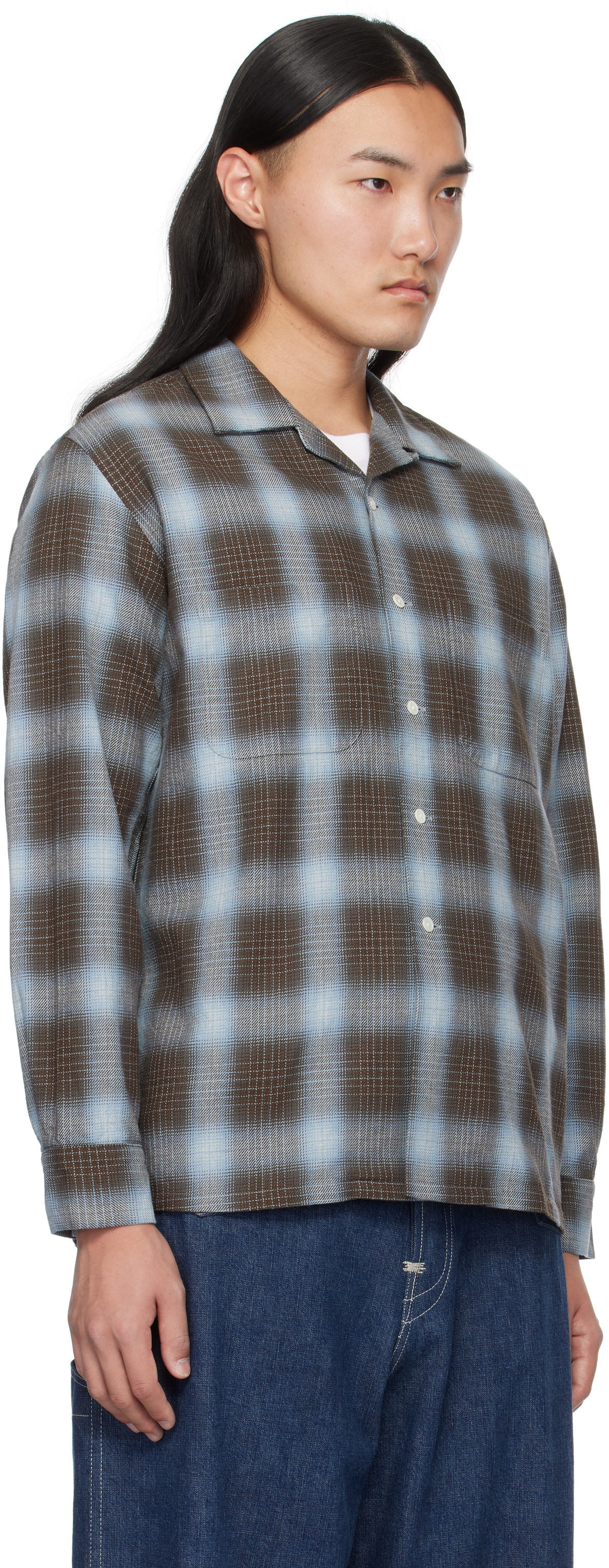 BEAMS PLUS Brown & Blue Open Collar Indigo Ombre Plaid Shirt Beams