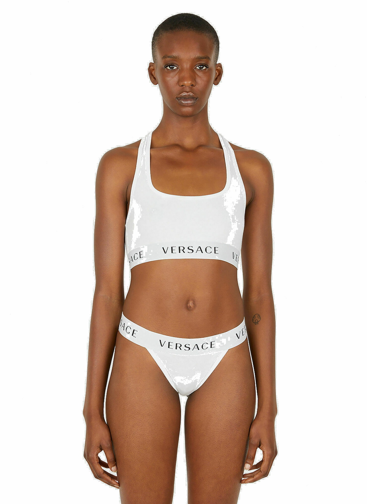 White Logo-jacquard ribbed cotton-blend bra, Versace