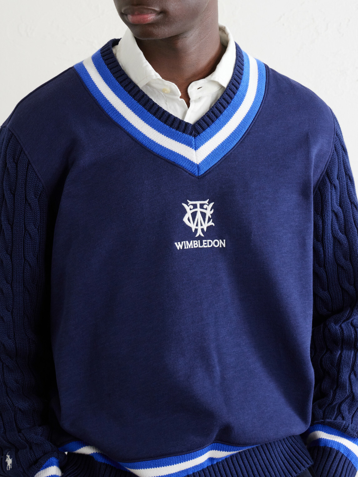 Polo Ralph Lauren - Wimbledon Logo-Embroidered Cable-Knit Cotton-Blend Fleece Sweater - Blue