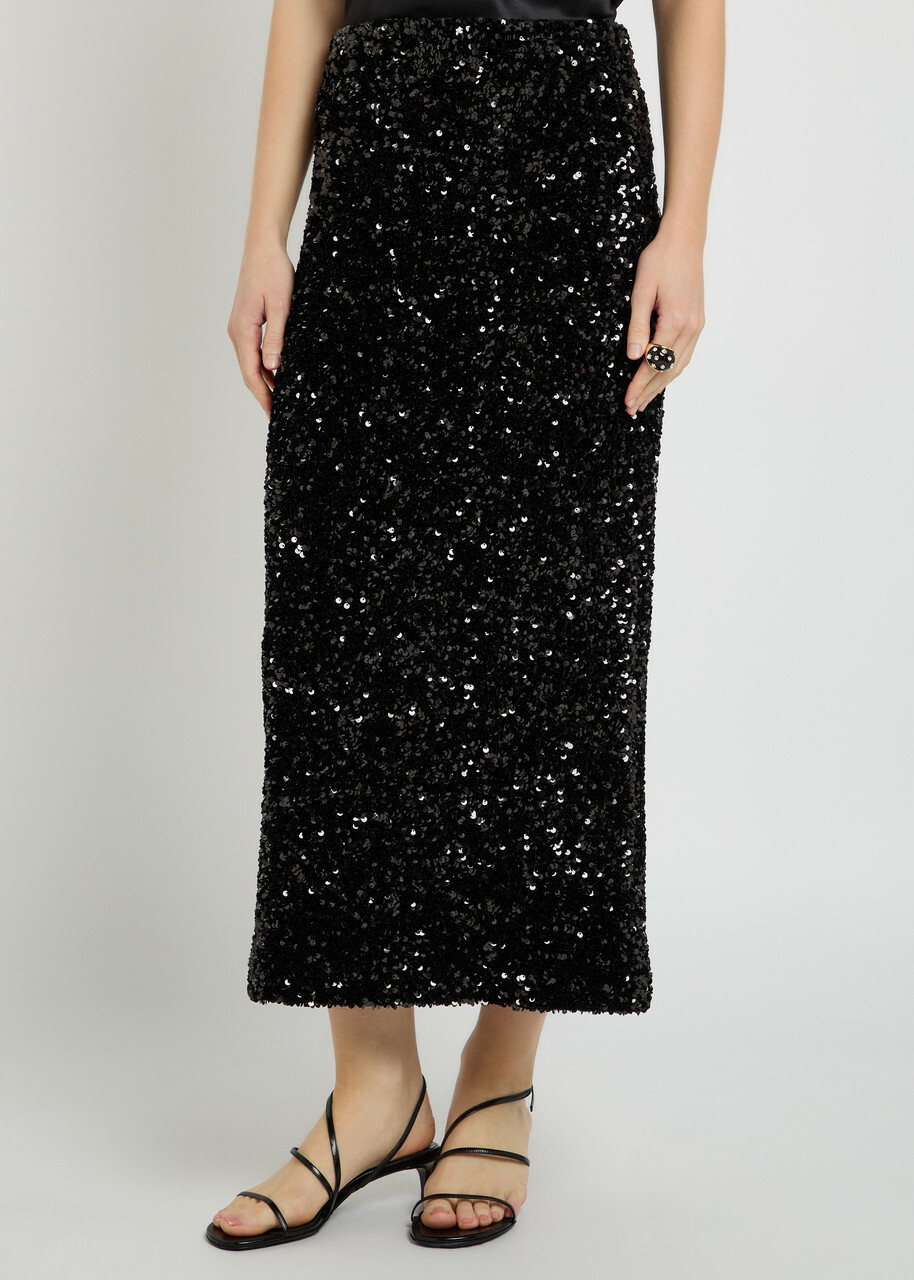 Vince Sequin-embellished Velvet Midi Skirt Black