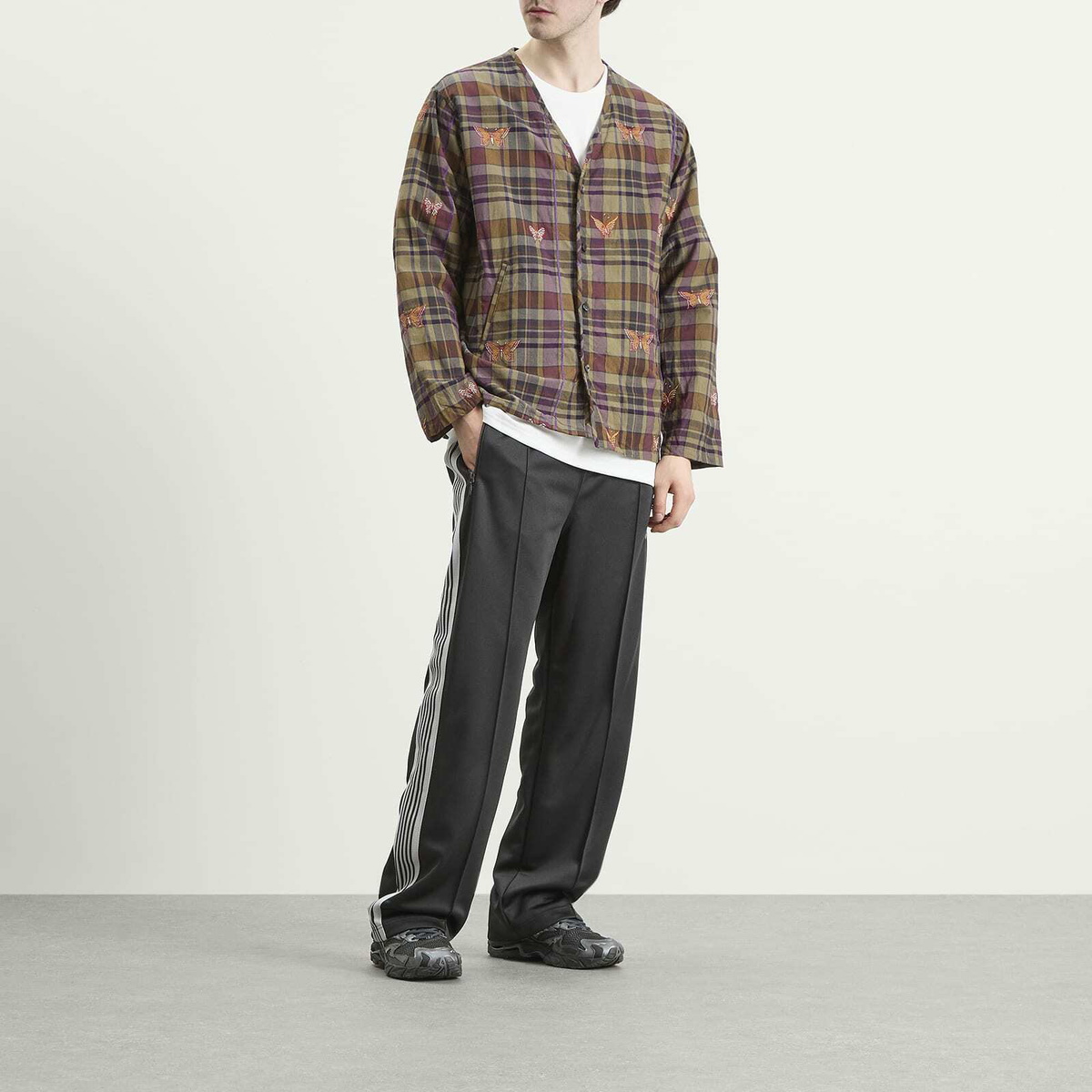 Needles Men's Embroidered Madras Plaid Cardigan in Brown