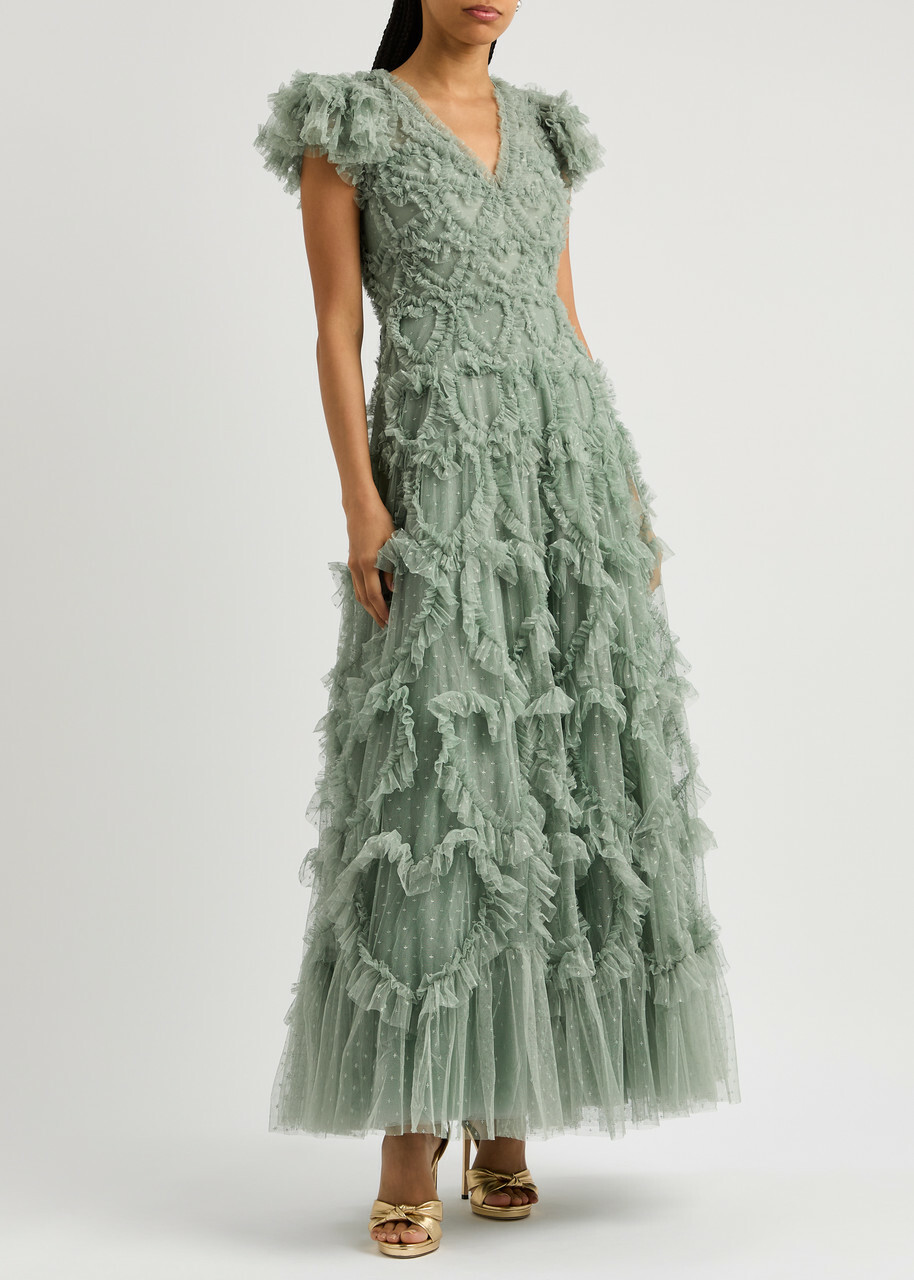 Needle & Thread Amorette Ruffled Tulle Gown Sage Needle & Thread