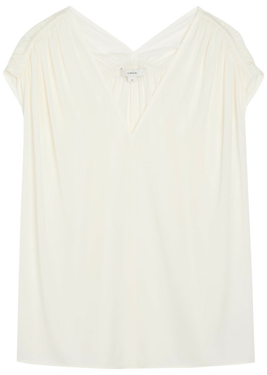 Vince Gathered Stretch-silk Blouse Off White