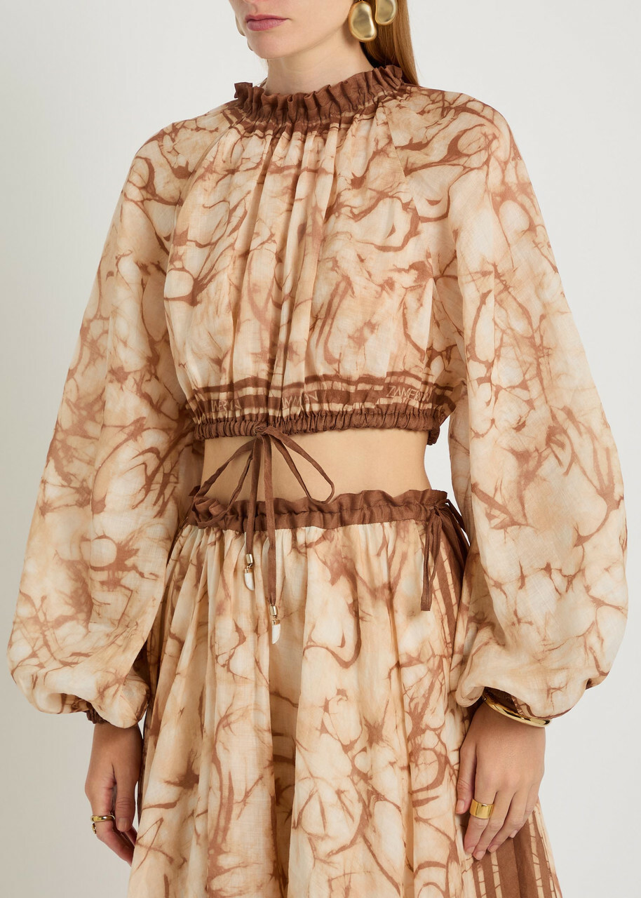 Zimmermann Indra Tie-dye Cropped Ramie top Brown