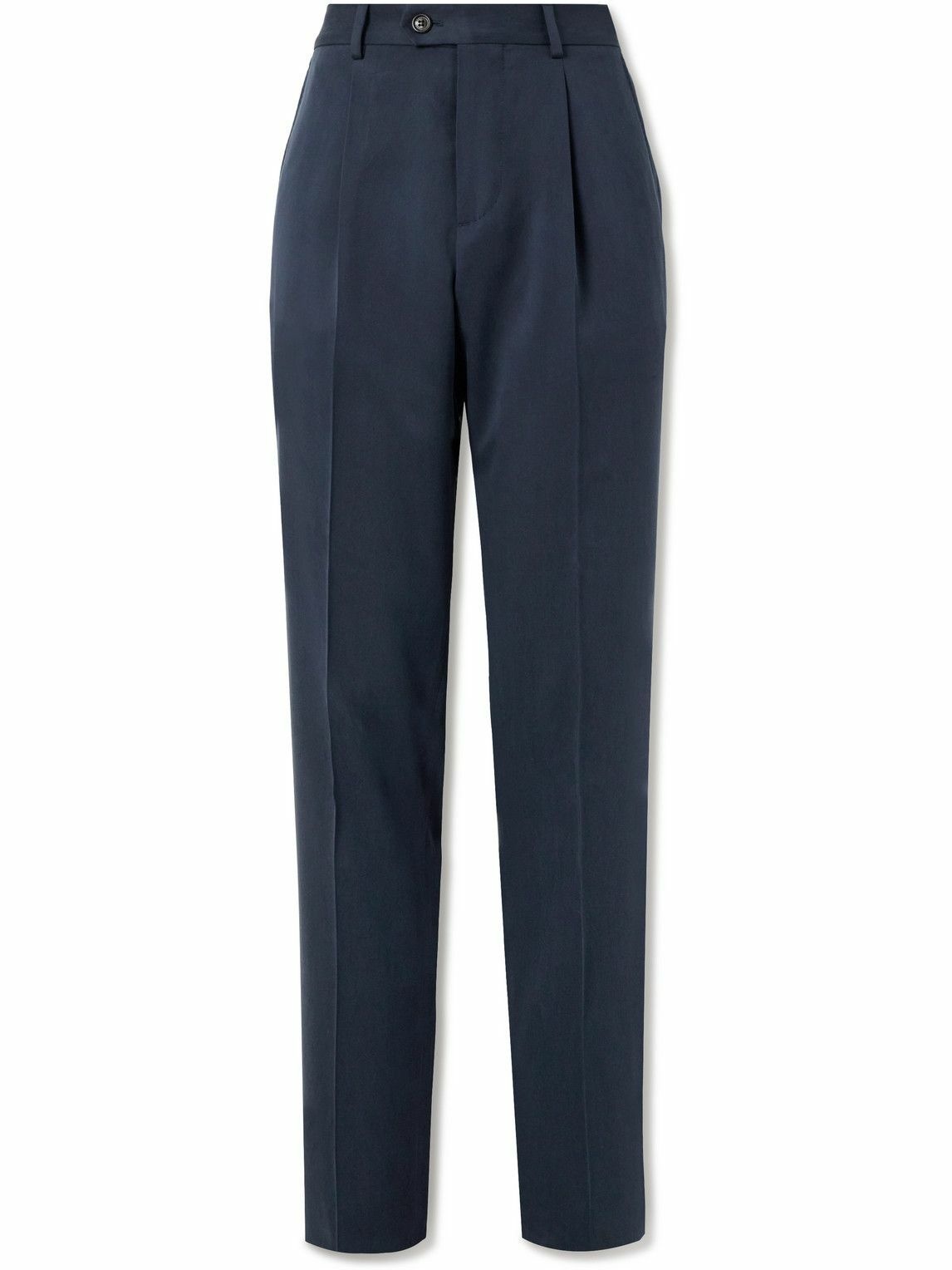 Photo: Brunello Cucinelli - Straight-Leg Pleated Silk-Twill Suit Trousers - Blue