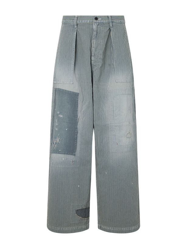Photo: KAPITAL - Liberty Hicoree Fatigue Wide-Leg Striped Distressed Patchwork Cotton-Twill Trousers - Blue