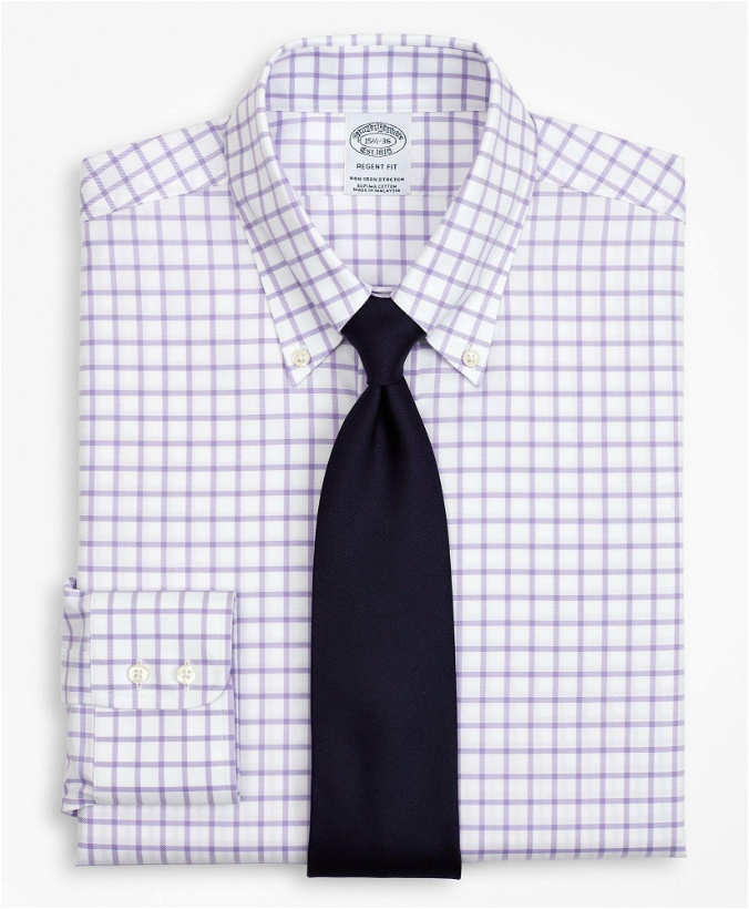 Photo: Brooks Brothers Men's Stretch Regent Regular-Fit Dress Shirt, Non-Iron Twill Button-Down Collar Grid Check | Lavender