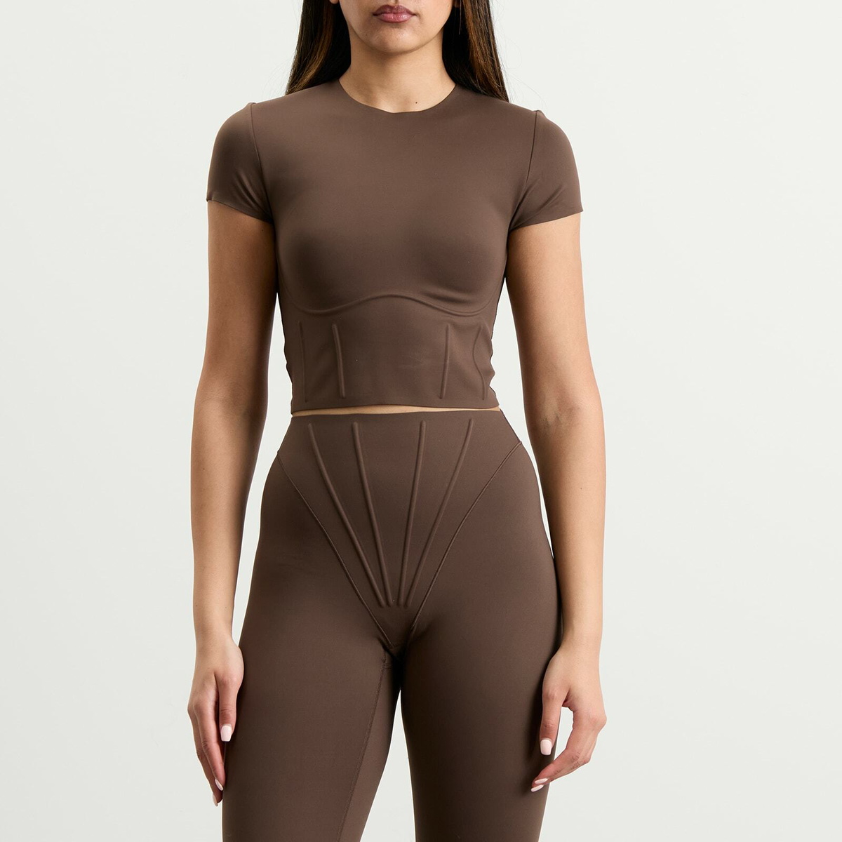 Nike Women's x SKIMS Matte Corset Short Sleeve Crop Top in Dark Sepia