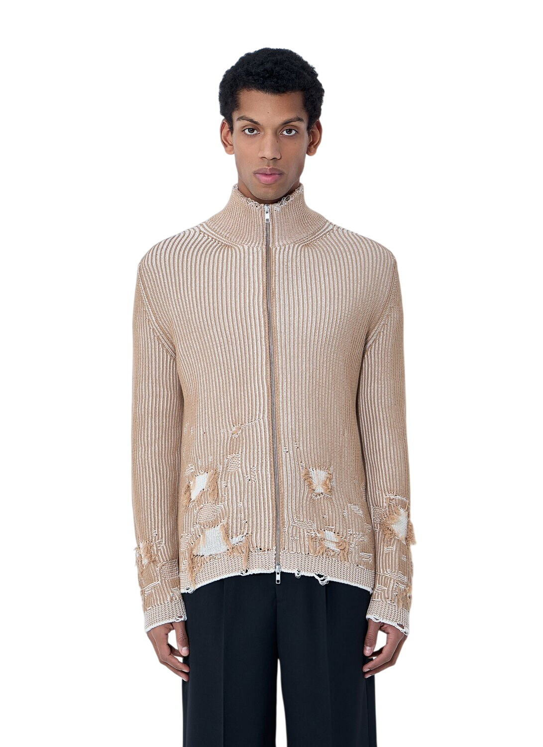 MM6 Maison Margiela Men's Ribbed Zip Cardigan in Khaki MM6 Maison