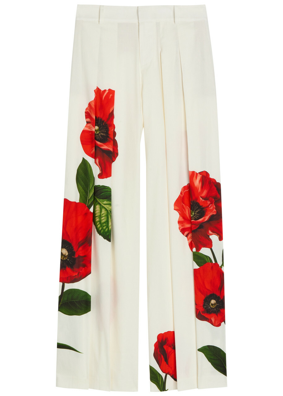 Alice + Olivia Blaire Floral-print Pleated Wide-leg Trousers White And Red