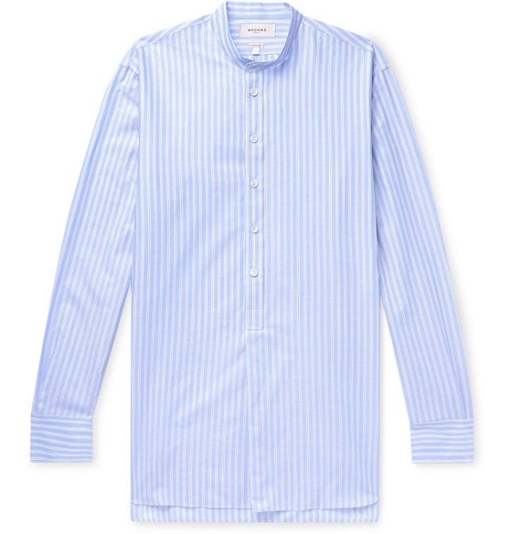 Photo: Rochas - Grandad-Collar Striped Cotton-Poplin Half-Placket Shirt - Blue
