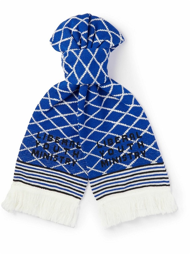 Photo: Liberal Youth Ministry - Fringed Merino Wool-Blend Jacquard Scarf - Blue