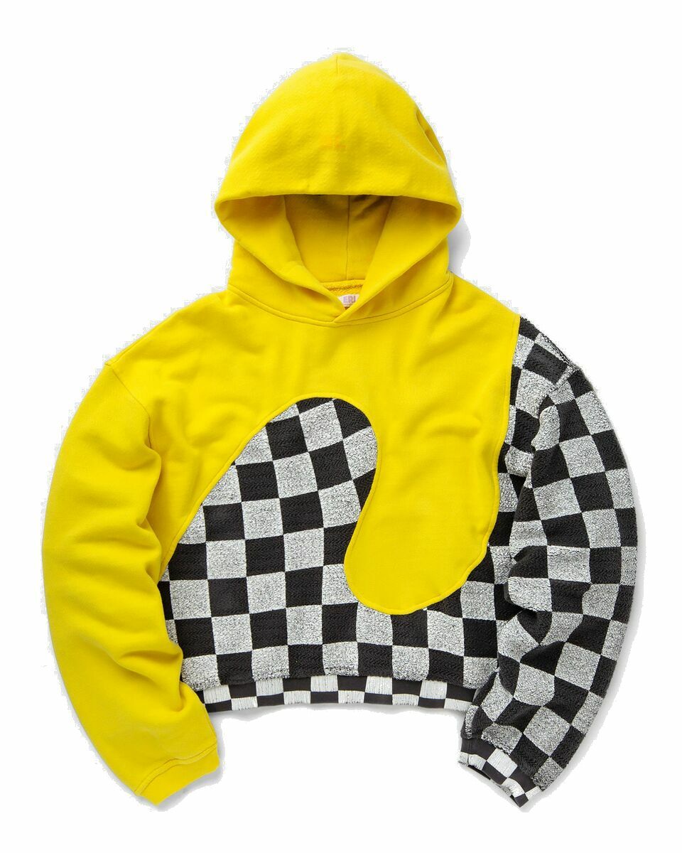 Photo: Erl Yellow Checker Swirl Hoodie Knit Black/Yellow - Mens - Hoodies