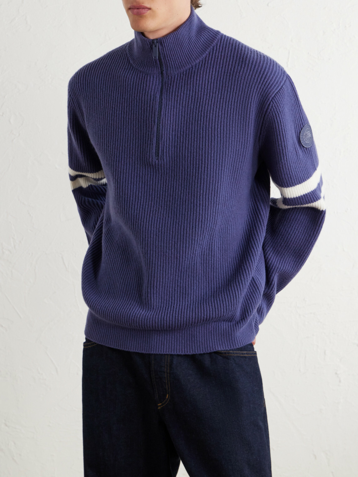 Canada Goose - McKinney Logo-Appliquéd Striped Ribbed Wool Half-Zip Sweater - Blue
