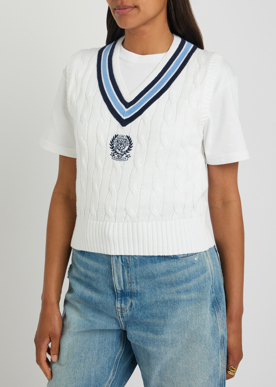 Polo Ralph Lauren Embroidered Cable-knit Cotton Vest Cream