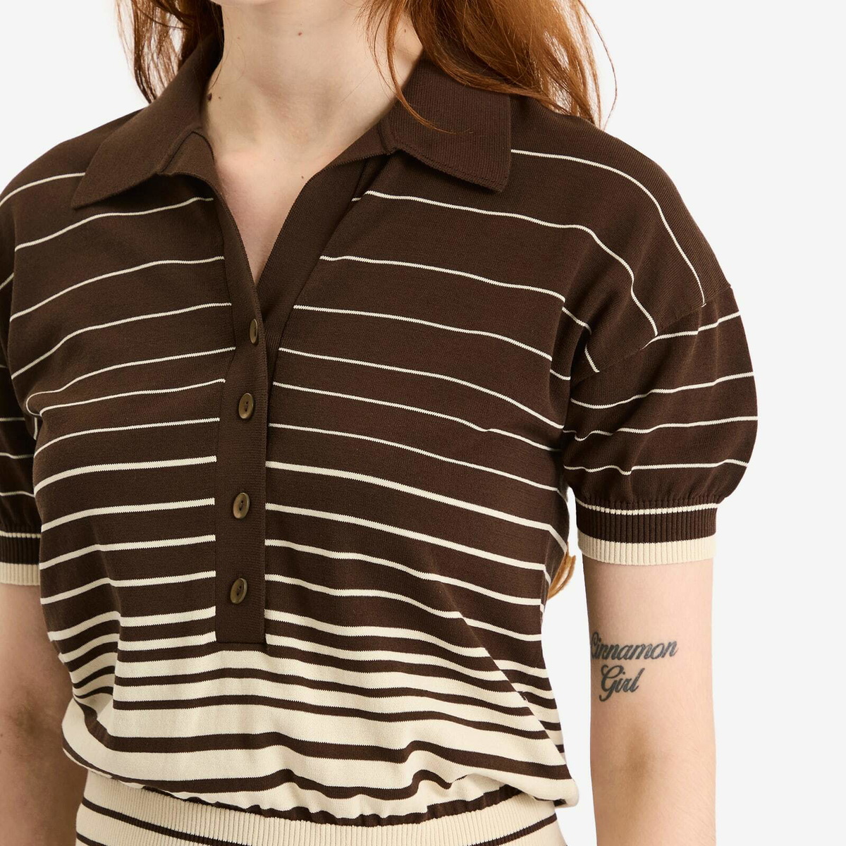 Faithfull The Brand Women's Sable Polo Shirt in Accordion Stripe Brown Beige