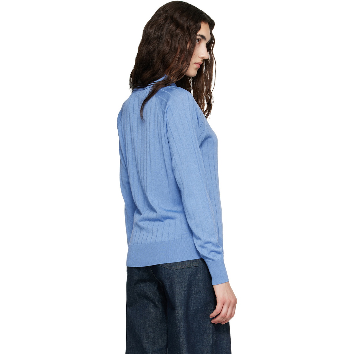 Wales Bonner Blue Viscose SIlk Knit Roots Polo