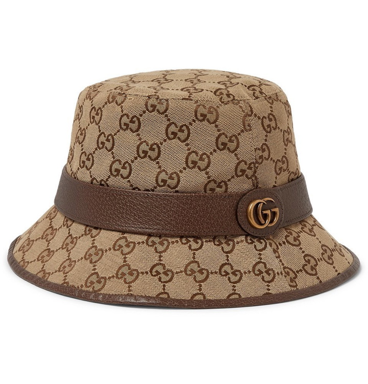Photo: Gucci - Leather-Trimmed Monogrammed Canvas Bucket Hat - Brown