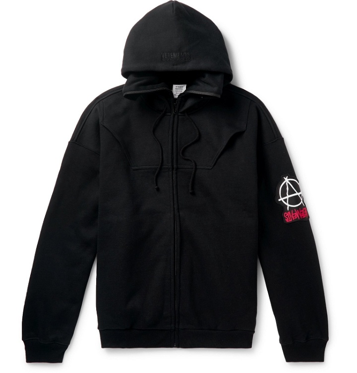 Photo: Vetements - Logo-Appliquéd Fleece-Back Cotton-Jersey Zip-Up Hoodie - Black