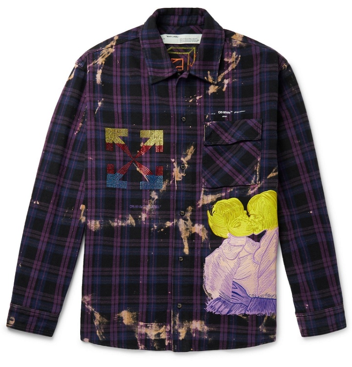 Photo: Off-White - Distressed Checked Cotton-Flannel Shirt - Purple