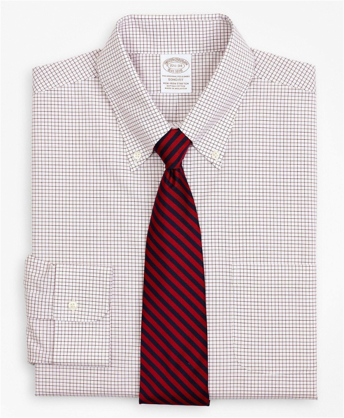 Photo: Brooks Brothers Men's Stretch Soho Extra-Slim-Fit Dress Shirt, Non-Iron Poplin Button-Down Collar Small Grid Check | Red