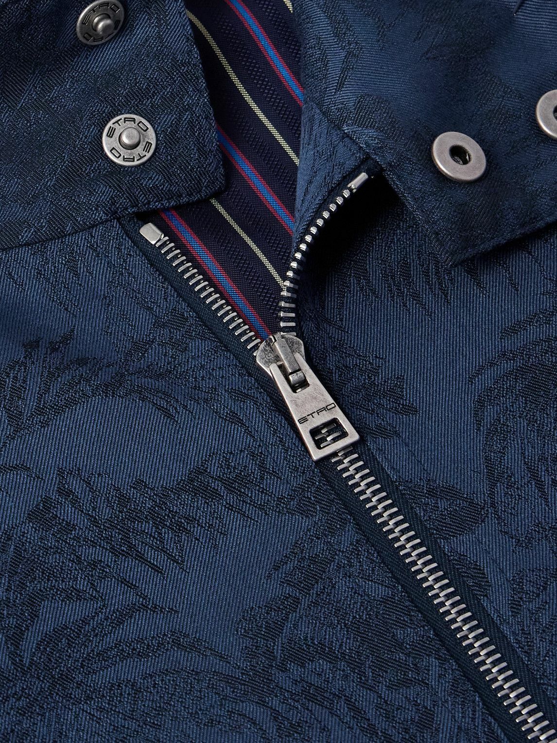 Etro - Leather-Trimmed Cotton and Wool-Blend Jacquard Bomber Jacket - Blue