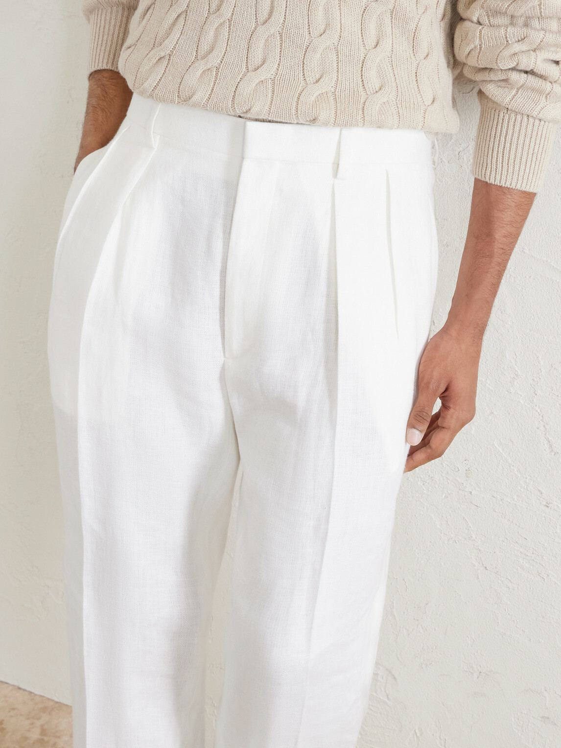 Ralph Lauren Purple label - Straight-Leg Pleated Herringbone Linen Trousers - White