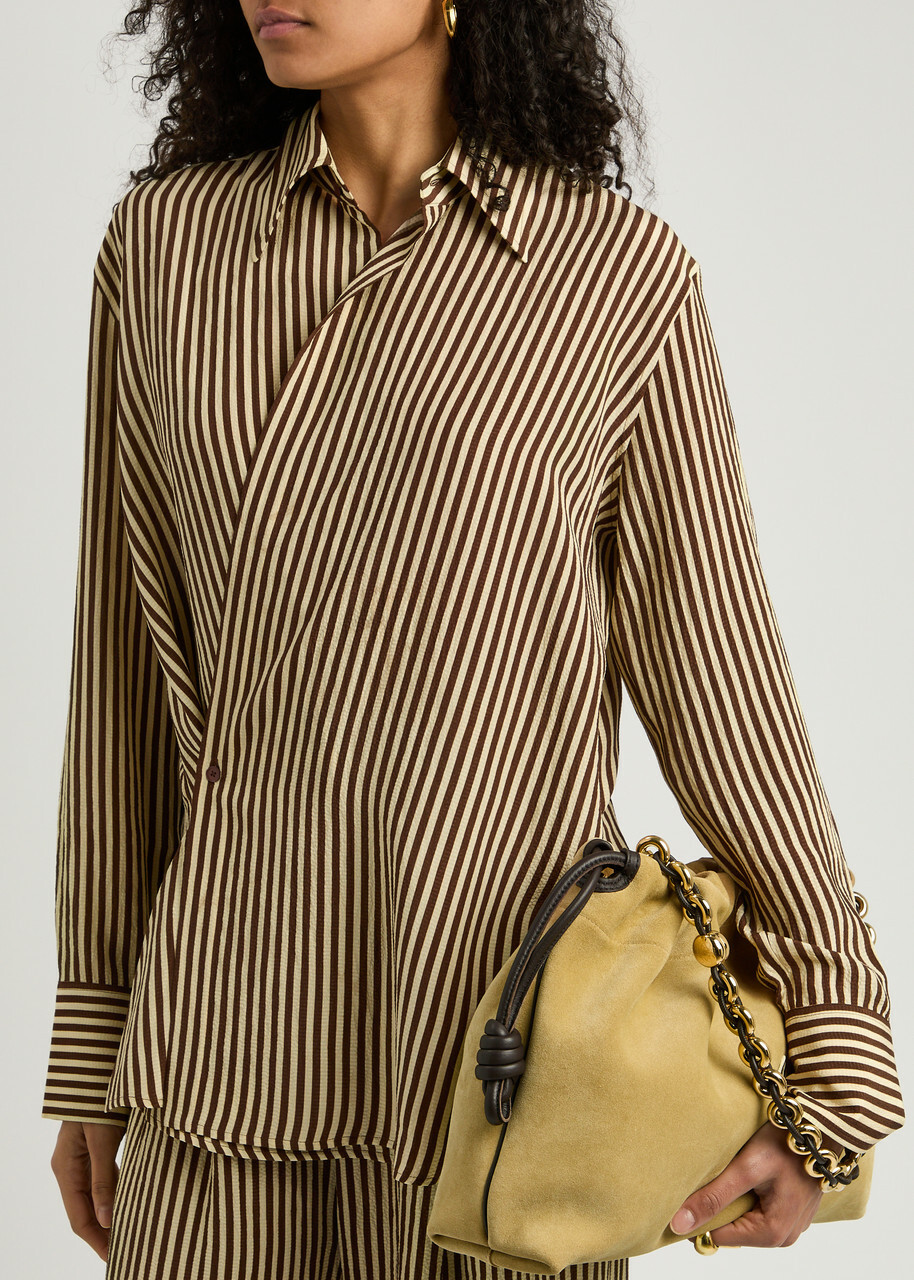 Petar Petrov Heat Wave Striped Seersucker Silk Wrap Shirt Brown